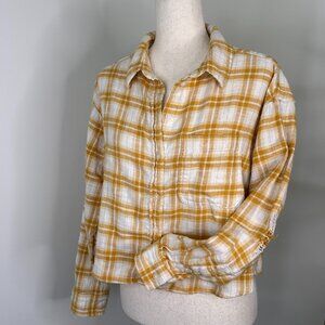 American Eagle Distressed Crop Yellow Plaid Flannel Shirt